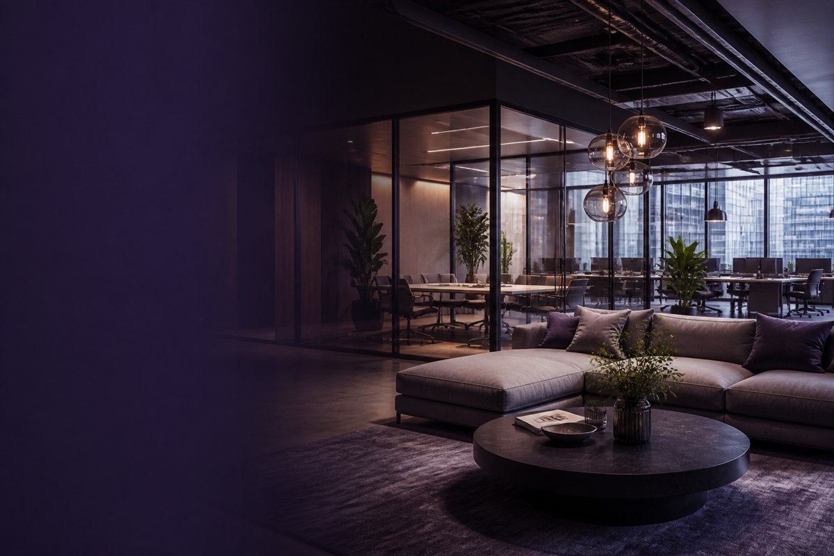 Photorealistic contemporary corporate office lounge visualization